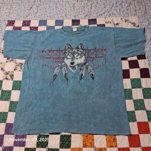 Vintage Diamond Dust Wolf Glitter Shirt Size Large Blue Native American